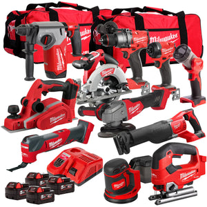 Milwaukee 18V Cordless 11 Piece Tool Kit with 4 x 5.0Ah Batteries & Charger in Bag - MonkeyTools