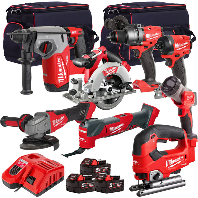 Milwaukee 18V Cordless 8 Piece Tool Kit with 3 x 5.0Ah Batteries & Charger in Bag - MonkeyTools