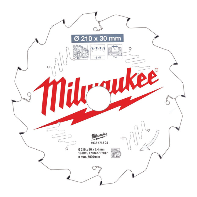 Milwaukee 210 X 30 X 16T Wood Cutting Blade for Portable Saws - 4932471324 - MonkeyTools