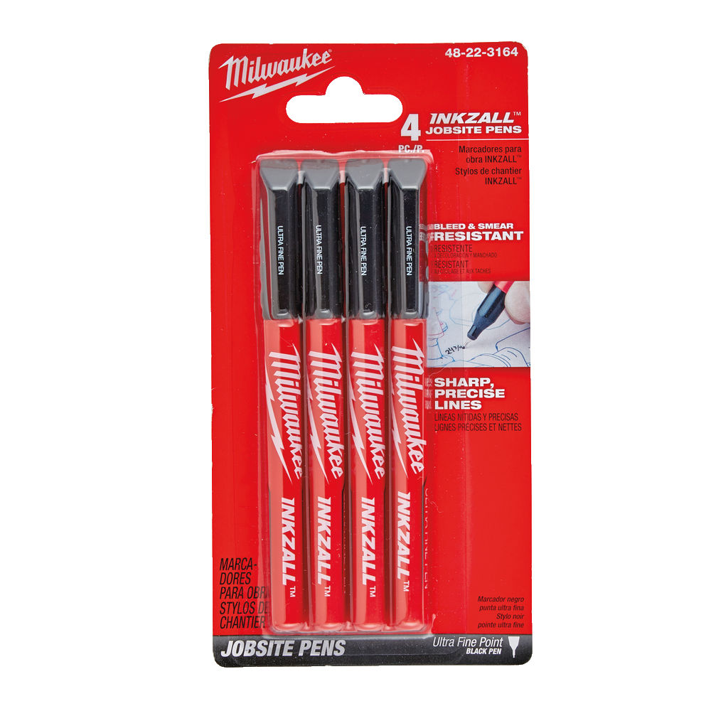 Milwaukee 48223164 - INKZALL Jobsite Fine Tip Black Pens - 4pc - MonkeyTools