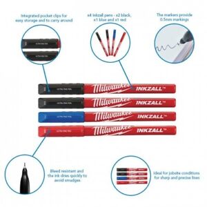 Milwaukee 48223165 INKZALL Ultra Fine Tip Permanent Marker Pens 4 Pack Coloured 0.6mm Tip - MonkeyTools