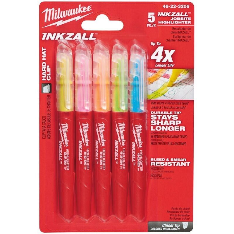 Milwaukee 48223206 INKZALL Coloured Jobsite Highlighter 5pk Hand Tools - MonkeyTools