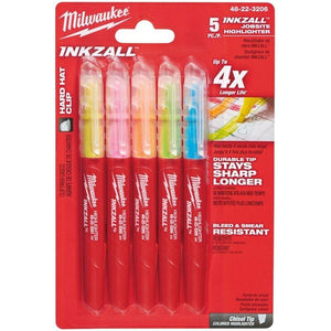 Milwaukee 48223206 INKZALL Coloured Jobsite Highlighter 5pk Hand Tools - MonkeyTools