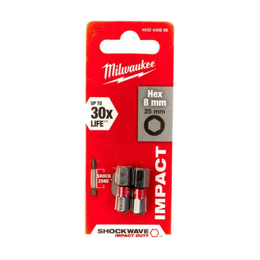 Milwaukee 4932 4308 98 Impact Shockwave Screwdriver Bits Hex 8mm 25mm - MonkeyTools