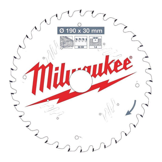 Milwaukee 4932471301 190mm x 30mm x 1.6mm x 36T Wood Cutting Circular Saw Blade - MonkeyTools