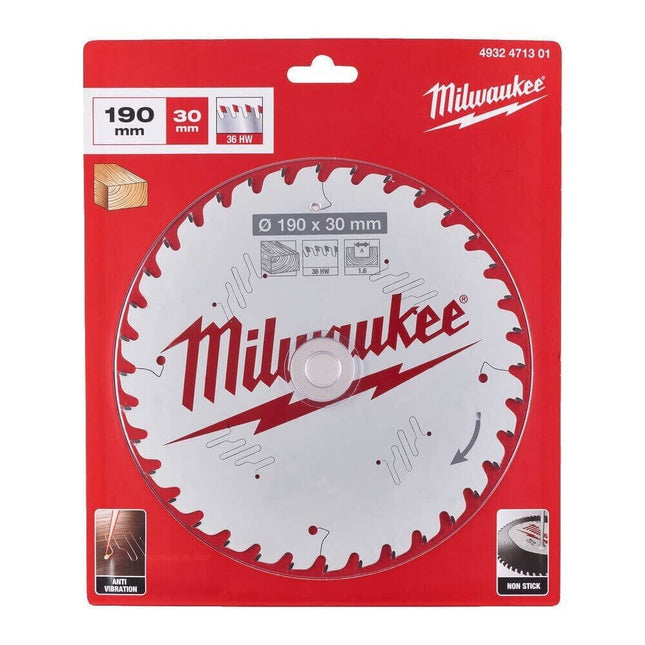 Milwaukee 4932471301 190mm x 30mm x 1.6mm x 36T Wood Cutting Circular Saw Blade - MonkeyTools