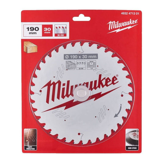 Milwaukee 4932471301 190mm x 30mm x 1.6mm x 36T Wood Cutting Circular Saw Blade - MonkeyTools