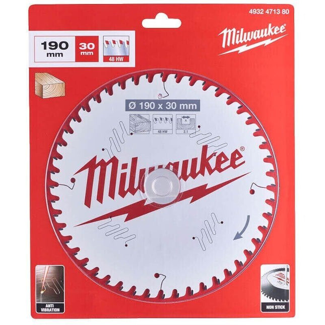 Milwaukee 4932471380 190mm x 30mm x 2.1 x 48T Wood Cutting Circular Saw Blade - MonkeyTools