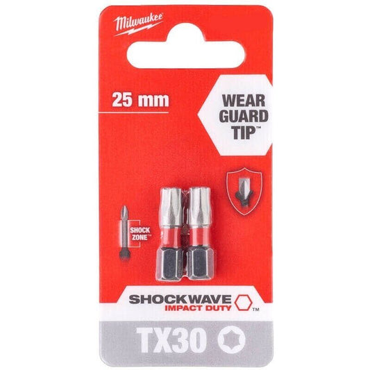 Milwaukee 4932472046 SHW Tx30 25mm Shockwave Wear Guard Tip Screwdriver Bit x2 - MonkeyTools