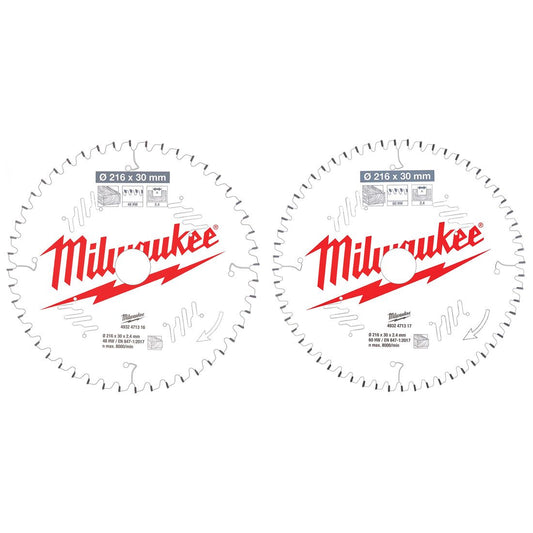 MILWAUKEE CSB 216MM X 30MM CIRCULAR SAW BLADES FOR MITRE SAWS TWIN PACK (X2 PCS) 4932479575 - MonkeyTools