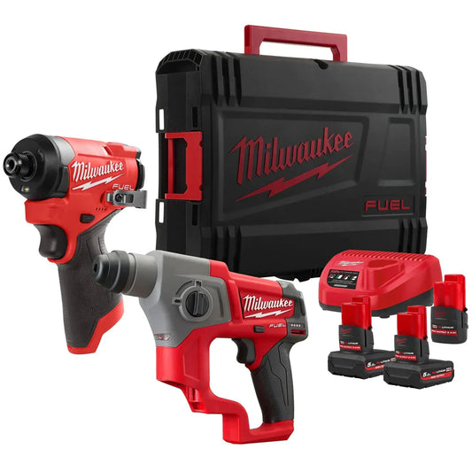 Milwaukee M12FPP2M2-5253X 12V Fuel Brushless SDS+ Drill & Impact Driver with 3 x Batteries Charger & Box 4933492639 - MonkeyTools