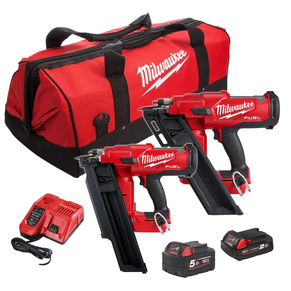 Milwaukee M18 FPP2BE-522B 18V FUEL Twin Nail Gun Nailer with 1 x 5.0Ah, 1 x 2.0Ah Battery Charger & Bag 4933492429 - MonkeyTools