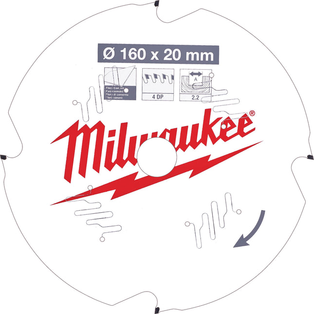 Milwaukee PCD Fibre Cement Board Circular Saw Blade 160 x 20mm 4 Th 4932471293 - MonkeyTools