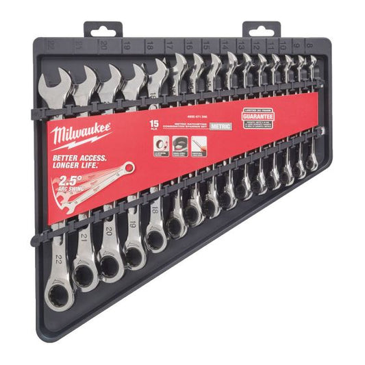 MILWAUKEE RATCHETING COMBINATION SPANNER SET METRIC X15 PCS 4932471340 - MonkeyTools