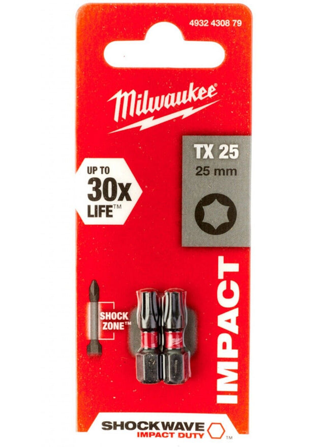 Milwaukee SHOCKWAVE™ IMPACT DUTY Screwdriver Bits TX25 25mm - 2 Piece 4932430879 - MonkeyTools
