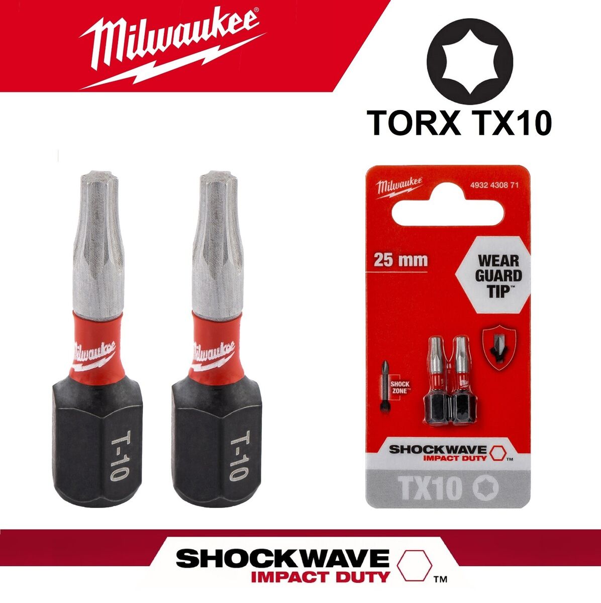 MILWAUKEE Shockwave Torx T10 Screwdriver Bit Set x2 Impact Driver Bits TX10 25mm - MonkeyTools