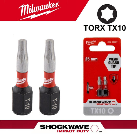 MILWAUKEE Shockwave Torx T10 Screwdriver Bit Set x2 Impact Driver Bits TX10 25mm - MonkeyTools