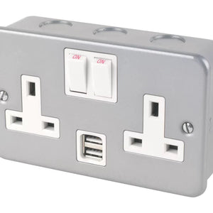 13A 2-GANG DP SWITCHED METAL CLAD SOCKET + 2.1A 10.2W 2-OUTLET TYPE A USB CHARGER WITH WHITE INSERTS - MonkeyTools