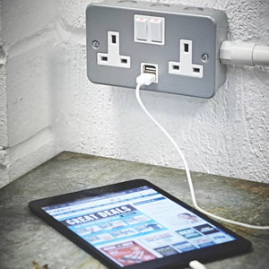 13A 2-GANG DP SWITCHED METAL CLAD SOCKET + 2.1A 10.2W 2-OUTLET TYPE A USB CHARGER WITH WHITE INSERTS - MonkeyTools
