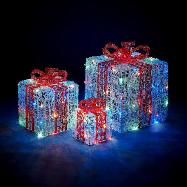 Acrylic LED Set of 3 Gift Boxes Multicoloured 3D Christmas Light Decoration - 15, 25 and 35cm - MonkeyTools