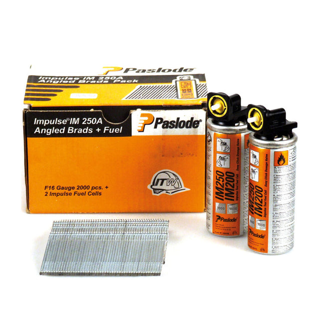 Paslode 300271 16g x 38mm ELGV Angled Electro Galvanised Brads Nails Fuel Pack 2000 with 2 Fuel Cells - MonkeyTools