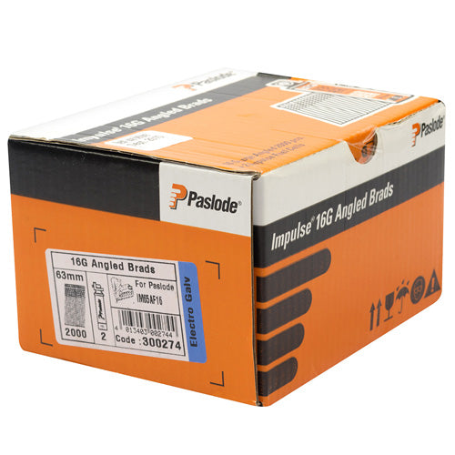 Paslode IM65A 300274 16g x 63mm ELGV Angled Electro Galvanised Brad Fuel Pack 2000/Box with 2 Fuel Cell - MonkeyTools