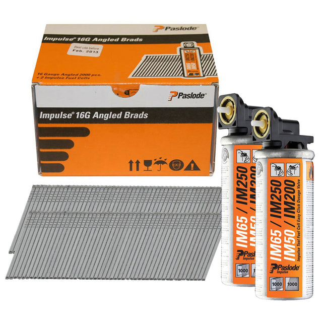 Paslode IM65A 300274 16g x 63mm ELGV Angled Electro Galvanised Brad Fuel Pack 2000/Box with 2 Fuel Cell - MonkeyTools