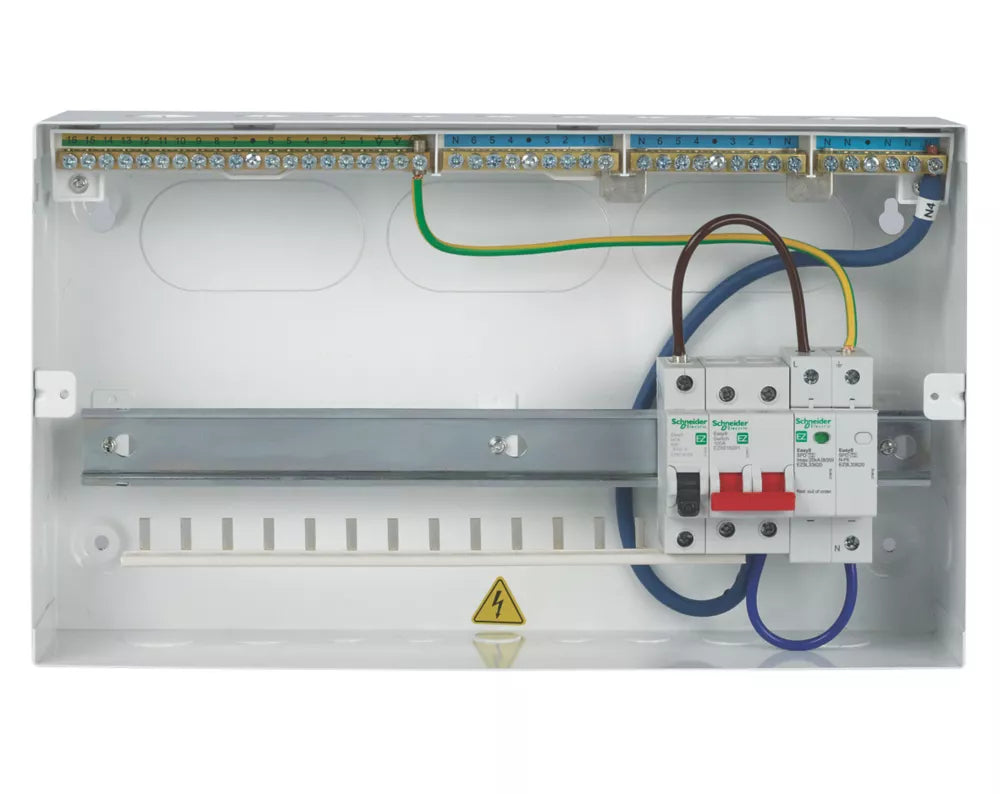 SCHNEIDER ELECTRIC EASY9 COMPACT 18-MODULE 13-WAY PART-POPULATED HIGH INTEGRITY MAIN SWITCH CONSUMER UNIT WITH SPD - MonkeyTools
