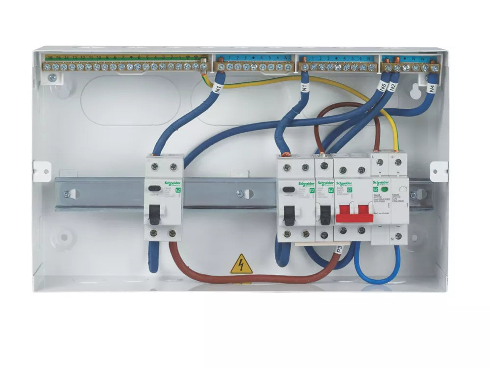 SCHNEIDER ELECTRIC EASY9 COMPACT 18-MODULE 9-WAY PART-POPULATED HIGH INTEGRITY DUAL RCD CONSUMER UNIT WITH SPD - MonkeyTools