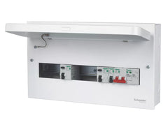 SCHNEIDER ELECTRIC EASY9 COMPACT 18-MODULE 9-WAY PART-POPULATED HIGH INTEGRITY DUAL RCD CONSUMER UNIT WITH SPD