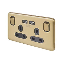 SCHNEIDER ELECTRIC LISSE DECO 13A 2-GANG SP SWITCHED PLUG SOCKET SATIN BRASS WITH BLACK INSERTS - MonkeyTools