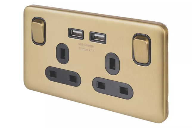 SCHNEIDER ELECTRIC LISSE DECO 13A 2-GANG SP SWITCHED SOCKET + 2.1A 10.5W 2-OUTLET TYPE A USB CHARGER SATIN BRASS WITH BLACK INSERTS - MonkeyTools