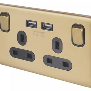 SCHNEIDER ELECTRIC LISSE DECO 13A 2-GANG SP SWITCHED SOCKET + 2.1A 10.5W 2-OUTLET TYPE A USB CHARGER SATIN BRASS WITH BLACK INSERTS - MonkeyTools