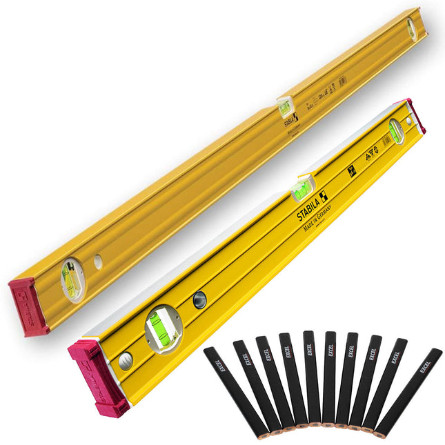 Stabila 96-2 Double Plumb Ribbed Box Level Twin Pack 60cm + 120cm With 10 Pencil Set - MonkeyTools