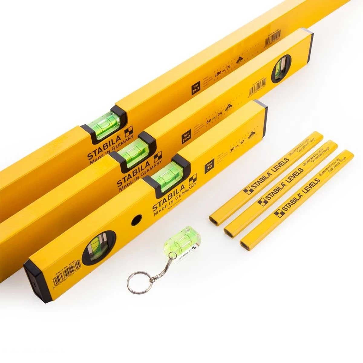Stabila STB70-2-COMBI 70-2 Spirit Level 3 Pieces Set 180cm, 60cm, 30cm With Pencils & Keyring - 14955 - MonkeyTools