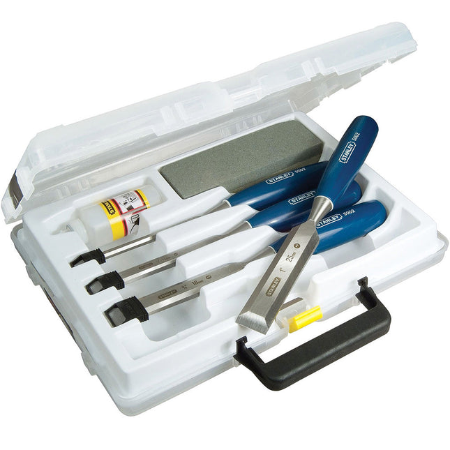 Stanley Bevel Edge Chisel Set 4 Piece With Stone & Oil STA016130 - MonkeyTools