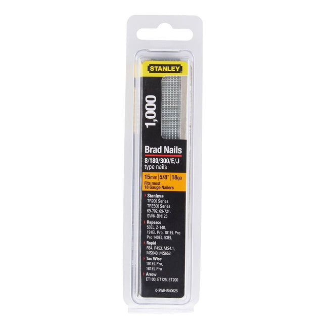 STANLEY 0-SWK-BN0625 18G X 15MM 8/180/300/E/J BRAD NAILS X1000 PCS - MonkeyTools