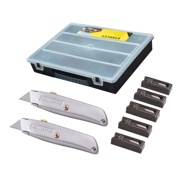 STANLEY 10-899 99E RETRACTABLE KNIFE TWIN PACK INC 50X BLADES IN ORGANISER - MonkeyTools