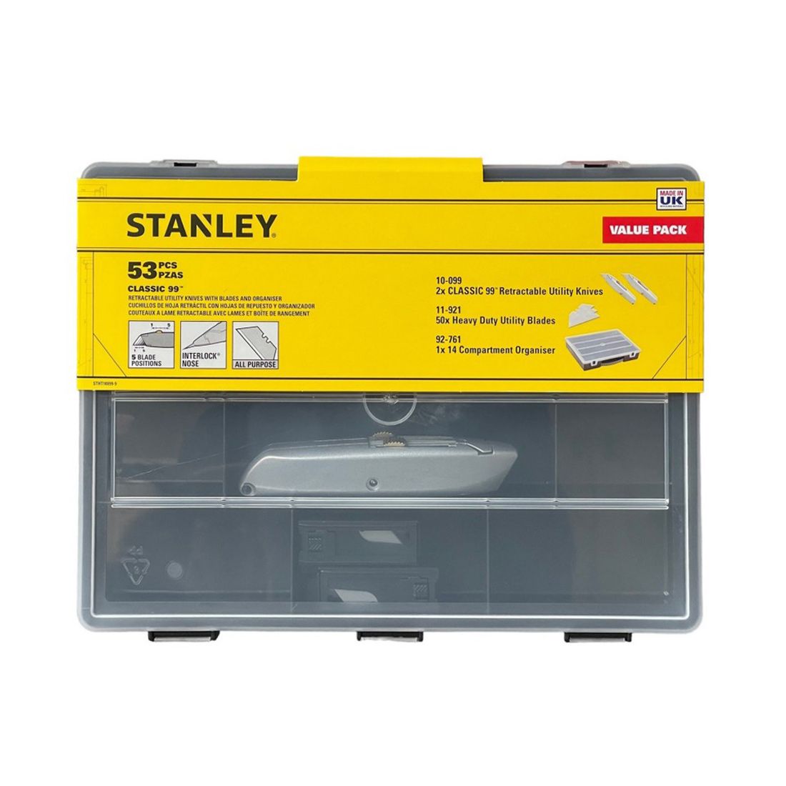 STANLEY 10-899 99E RETRACTABLE KNIFE TWIN PACK INC 50X BLADES IN ORGANISER - MonkeyTools