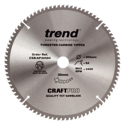 TREND CSB/AP30584 CRAFTPRO SAW BLADE ALUMINIUM / PLASTIC 305MM X 84 TEETH X 30MM - MonkeyTools