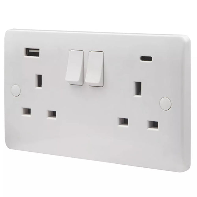 VIMARK PRO 13A 2-GANG SP SWITCHED SOCKET + 4.8A 10.5W 2-OUTLET TYPE A & C USB CHARGER WHITE - MonkeyTools