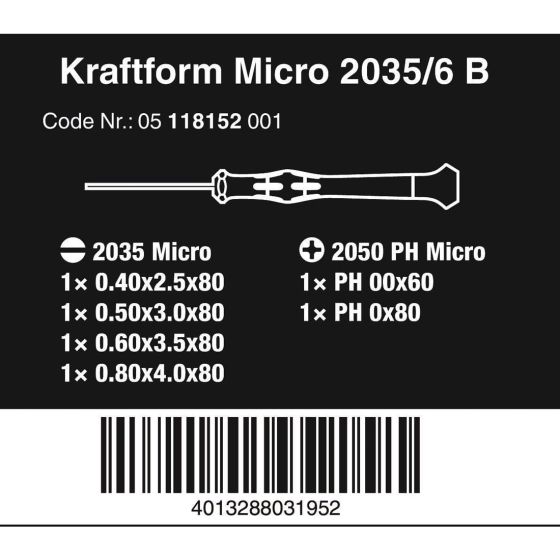 WERA KRAFTFORM 2035/6 MICRO SCREWDRIVER SET SLOTTED / PHILLIPS X6 PCS 118152 - MonkeyTools